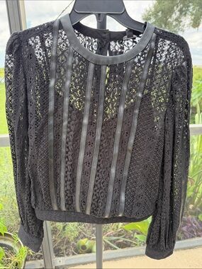 Express Black Lace Blouse with Faux Leather Stripes